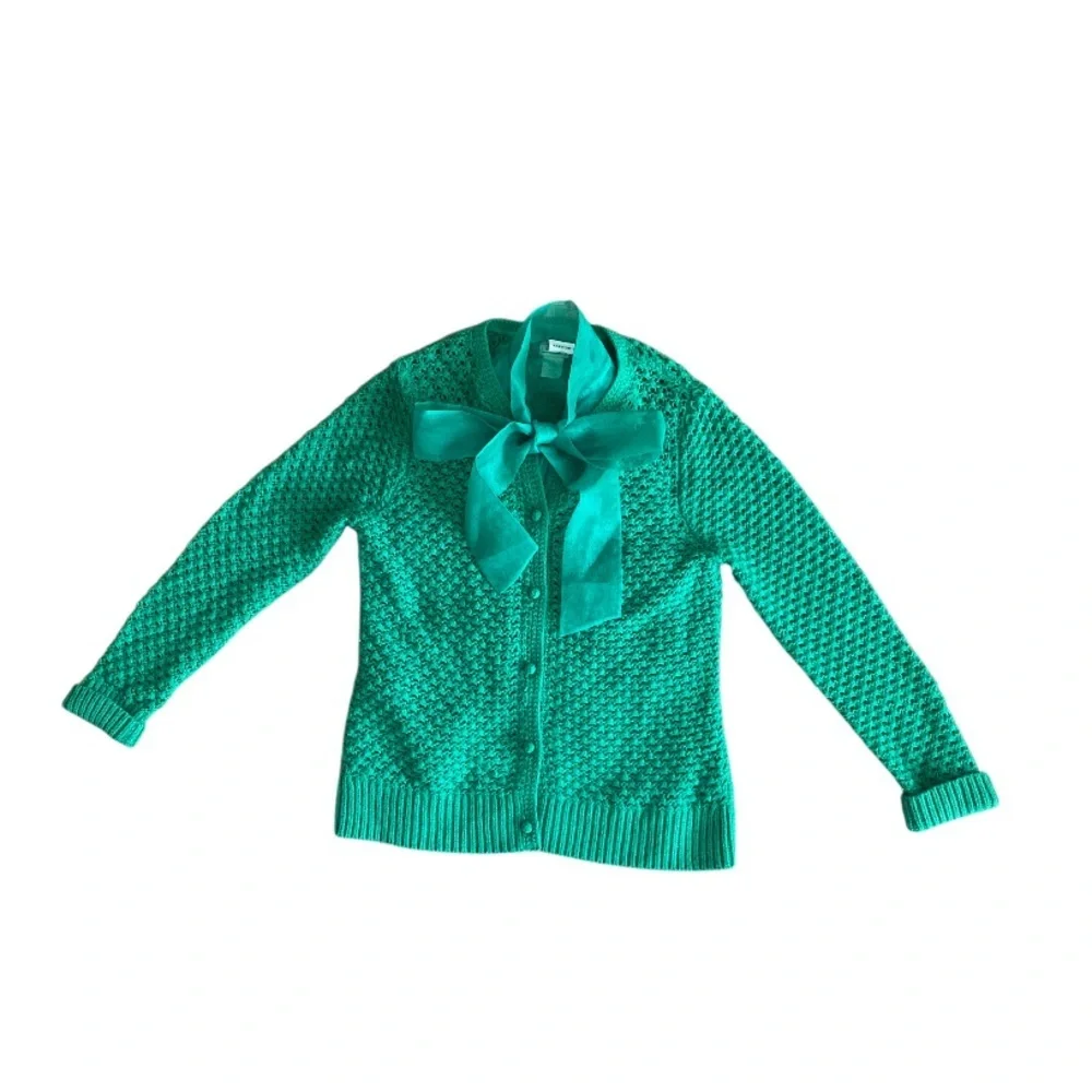 L.Bean women's crochet button-front wool blend cardigan in green size L pristine